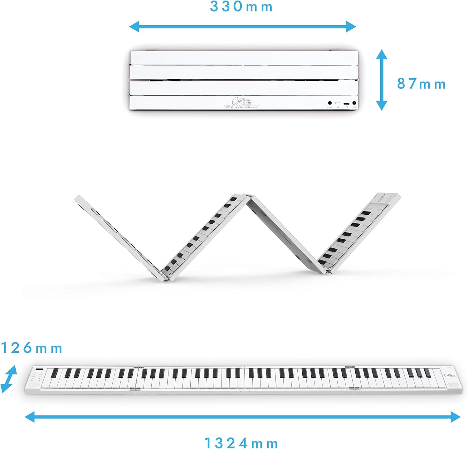 Carry-on Folding Piano - White Portable Digital 88 Key Piano Keyboard with Rechargeable Battery and MIDI over USB - 128 Sounds Through Stereo Speakers - With Electronic Sustain Pedal and Storage Bag