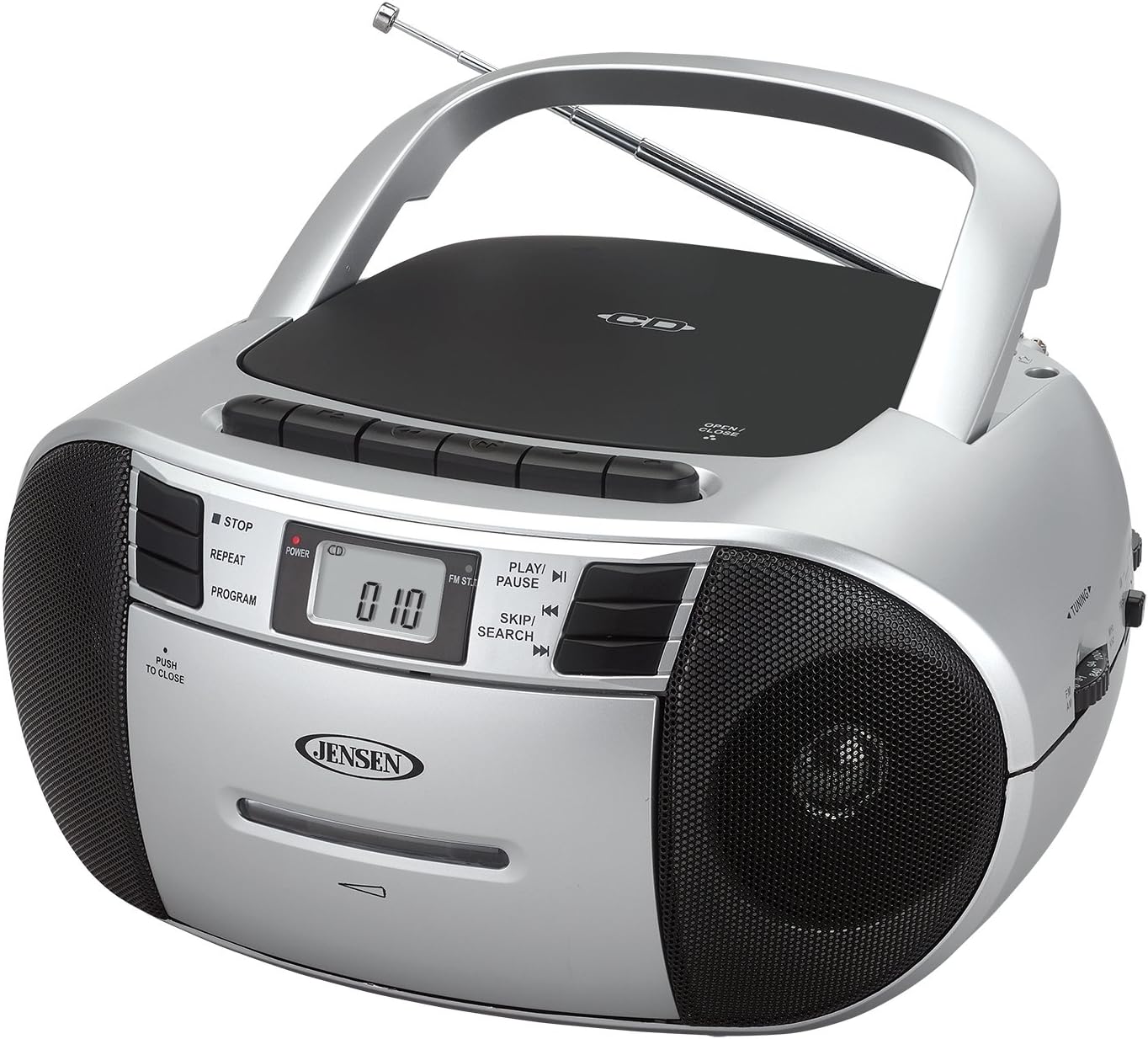 Jensen CD-545MP3 Top-Loading CD/MP3 AM/FM Radio Cassette Player, and Recorder Boombox Home Audio, Aux, Headphone (Silver/Black) Pack of 2