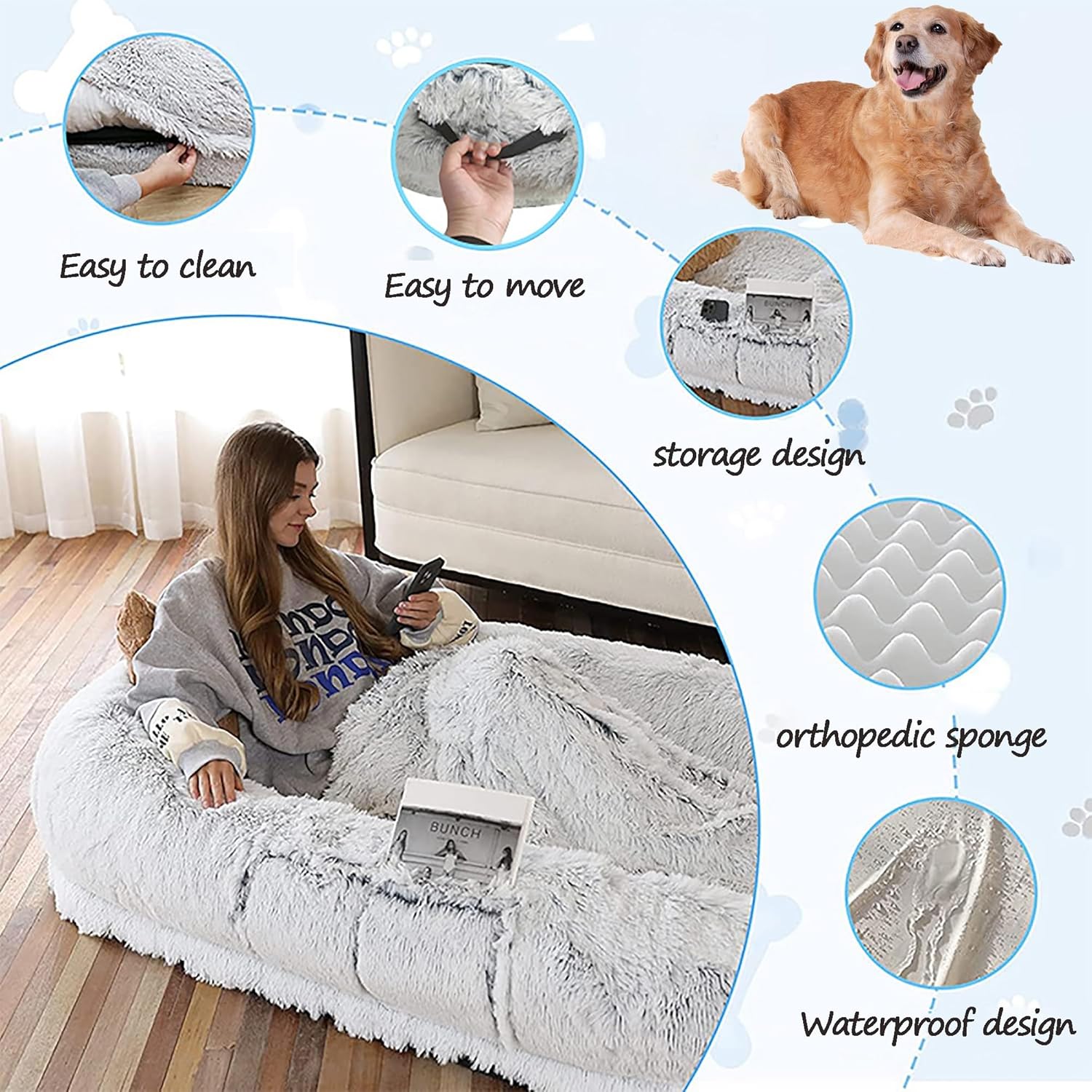 Warm & Comfortable Human Sized Dog Bed | Human Dog Bed for Adults & Furry Friends | Bean Bag Dog Bed | Human Size Dog Bed for Adults | Giant Dog Bed for Humans & Pets | Detachable Couch Washable Gray