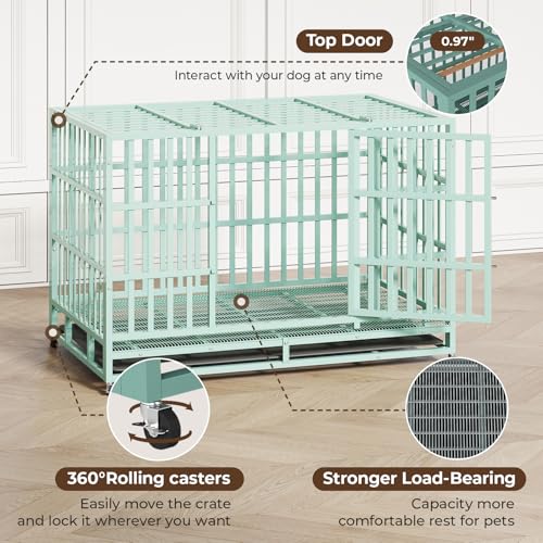 48 Inch Heavy Duty Indestructible Dog Crate Steel Escape Proof, Indoor Double Door High Anxiety Cage, Kennel with Wheels, Removable Tray, Extra Large XL XXL