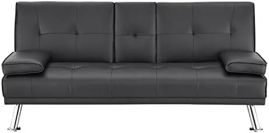 TJUNBOLIFE Black Futon Sofa Bed  Faux Leather Futon Couch  Black Sofa Bed Couch Convertible with Wooden Legs  Pull Out Sofa Bed  Reclining Small Couch Bed  Folding Futon Bed for Living Ro