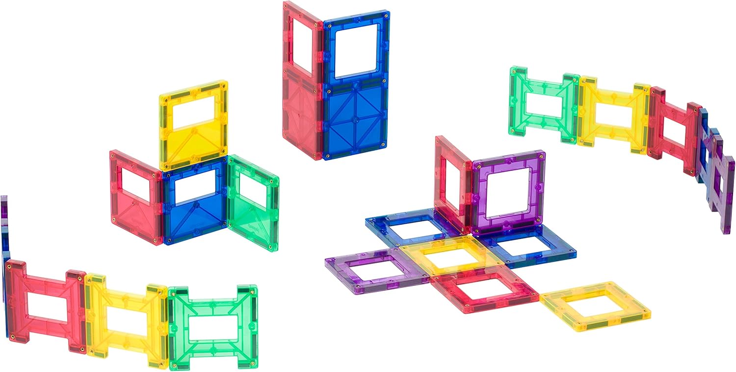Award Winning Playmags Clear Colors Magnetic Tiles Building Set 50 + 6 Pc Set with Car - STEM Magnetic Toys Develop Motor Skills & Creativity, Colorful, Durable Magnet Building (56 Pc Set)
