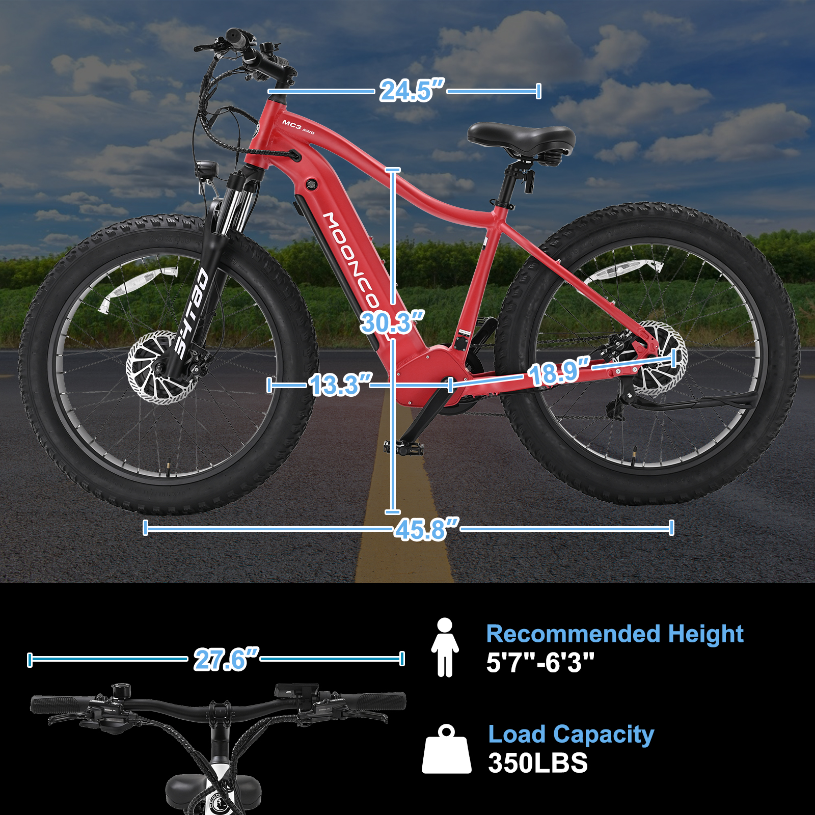 FICISOG 26" x 4" Adult Fat Tire Electric Bike , 500Wx2 Dual Motor AWD MTB, All Terrain Mountain Ebikes, 48V 15AH Removable Battery, 20MPH 7-Speed Electric Bicycle,Single Motor Range 30-45 Miles
