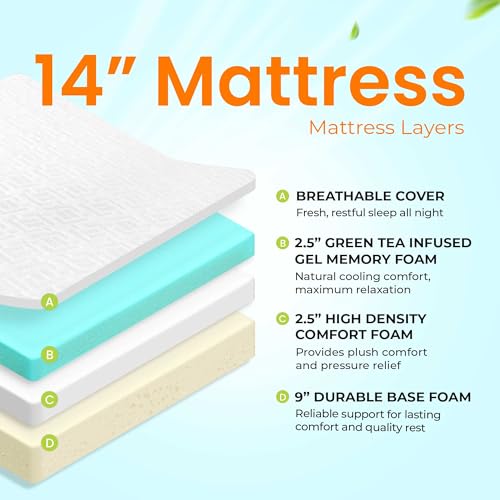 6/8/10/12 King Cooling Green Tea Gel Memory Foam Medium-Firm Mattress Pressure Relief CertiPUR-US Certified Mattress-in-a-Box Kids and Adults No Fiberglass (King, 10 in)