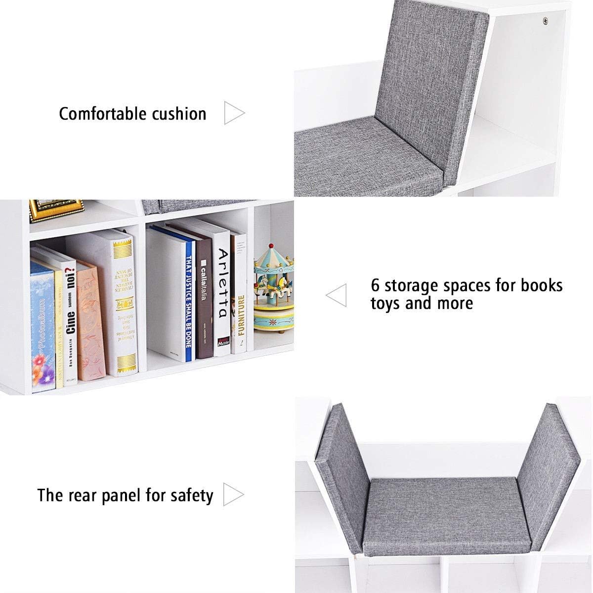 6-Cubby Kid Storage Bookcase Cushioned Reading Nook Versatile Bench Design Ample Storage Space
