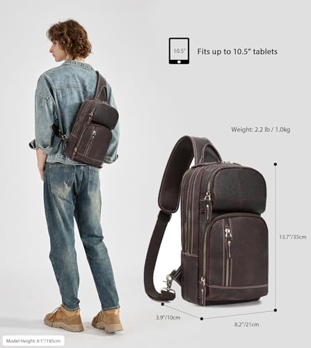 LANNSYNE Full Grain Leather Sling Bag For Men Crossbody Chest Daypack fits 10.5" iPad