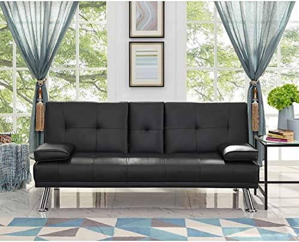 TJUNBOLIFE Black Futon Sofa Bed  Faux Leather Futon Couch  Black Sofa Bed Couch Convertible with Wooden Legs  Pull Out Sofa Bed  Reclining Small Couch Bed  Folding Futon Bed for Living Ro