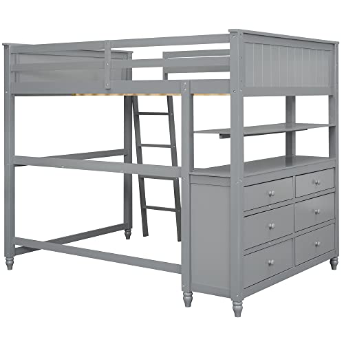 Gray Twin Loft Bed with Storage Cabinet and Desk, Wooden Loft Beds Frame with Bookcase and Shelves, Modern Twin size Loft Bunk Bed for Kids Teens Adults Boys & Girls (Twin, Gray)