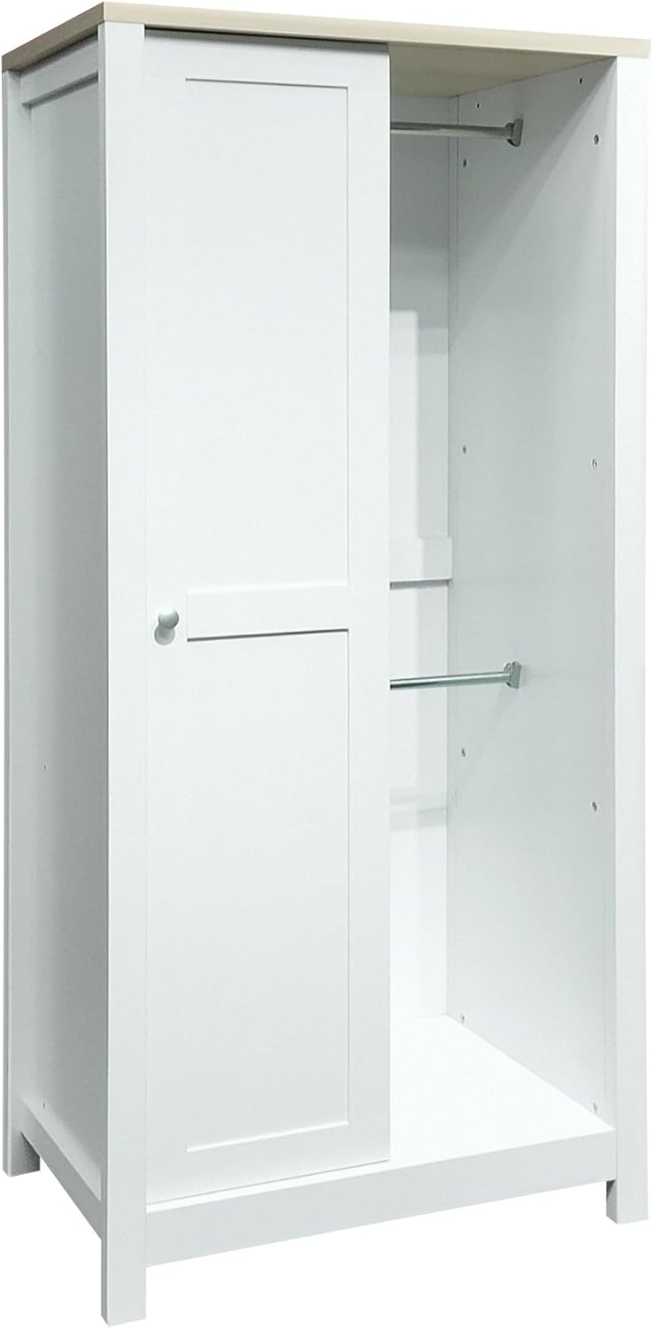 Armoire Wardrobe 1 Sliding Door and 2 Drawers, Clothes Cabinet with Hanging Rod, Freestanding Wooden Closets Organization for Bedroom, 31.4″x20.6″x68.3″, White