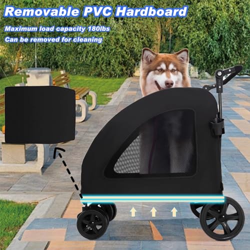 Large Dog Stroller, Removable Cushion Adjustable Handle Foldable 4 Wheel Pet Stroller, Front and Back Access to Dog Wagon for 180 lbs Large Dog or 2 Medium Dogs (Black)