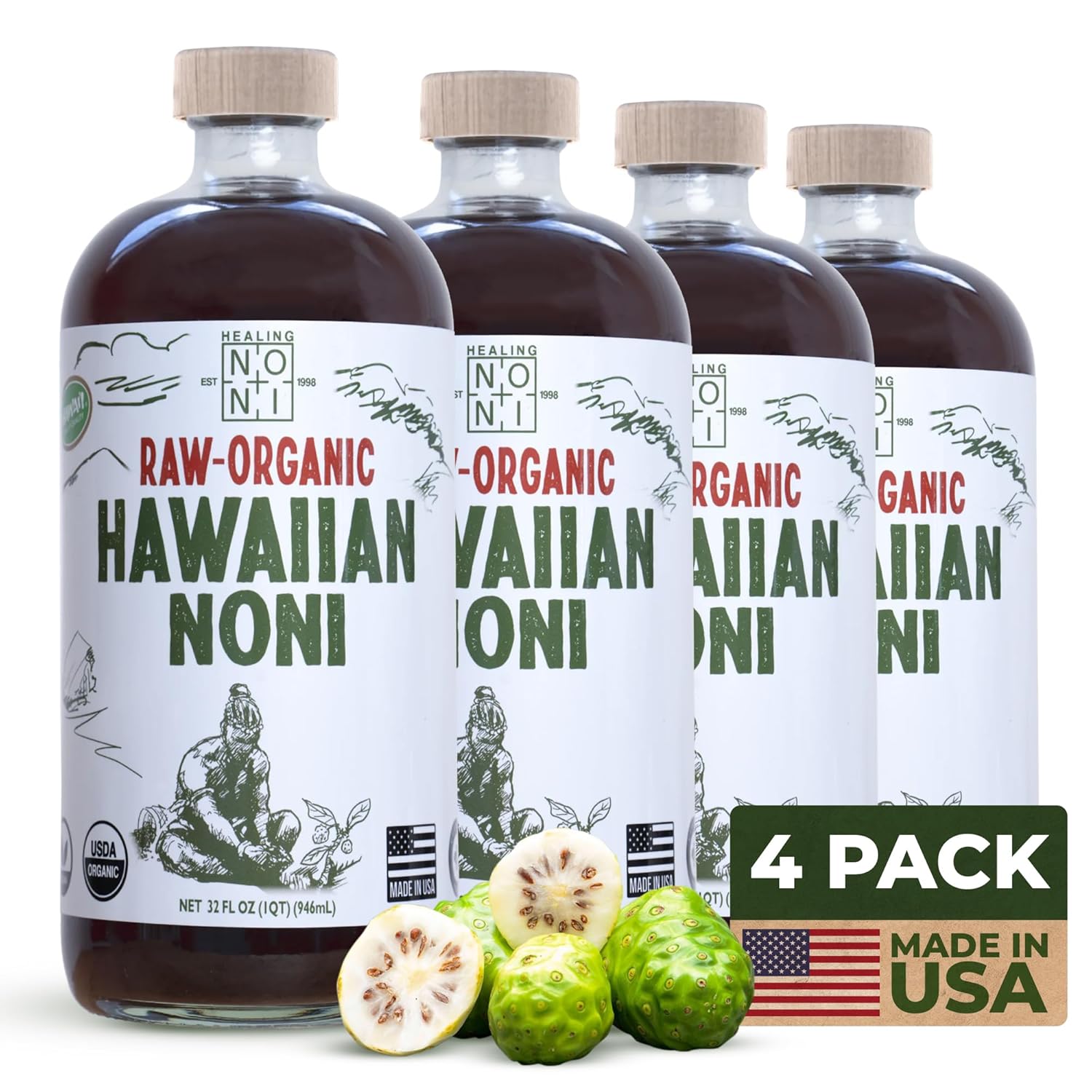 Healing Noni - 4-Pack Glass Bottle 32oz - 100% Pure Hawaiian Raw-Organic Juice - All-Natural Unsweetened Fresh Fruit - Farm Direct - USDA Certified