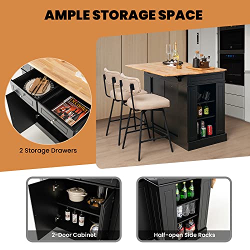LOKO Kitchen Island with Drop Leaf, Kitchen Storage Cabinet with Rubber Wood Top, 2 Drawers, 5 Adjustable Shelves & Spice Racks, Island Table for Kitchen Home Coffee Bar, 47 x 36 x 36 Inches