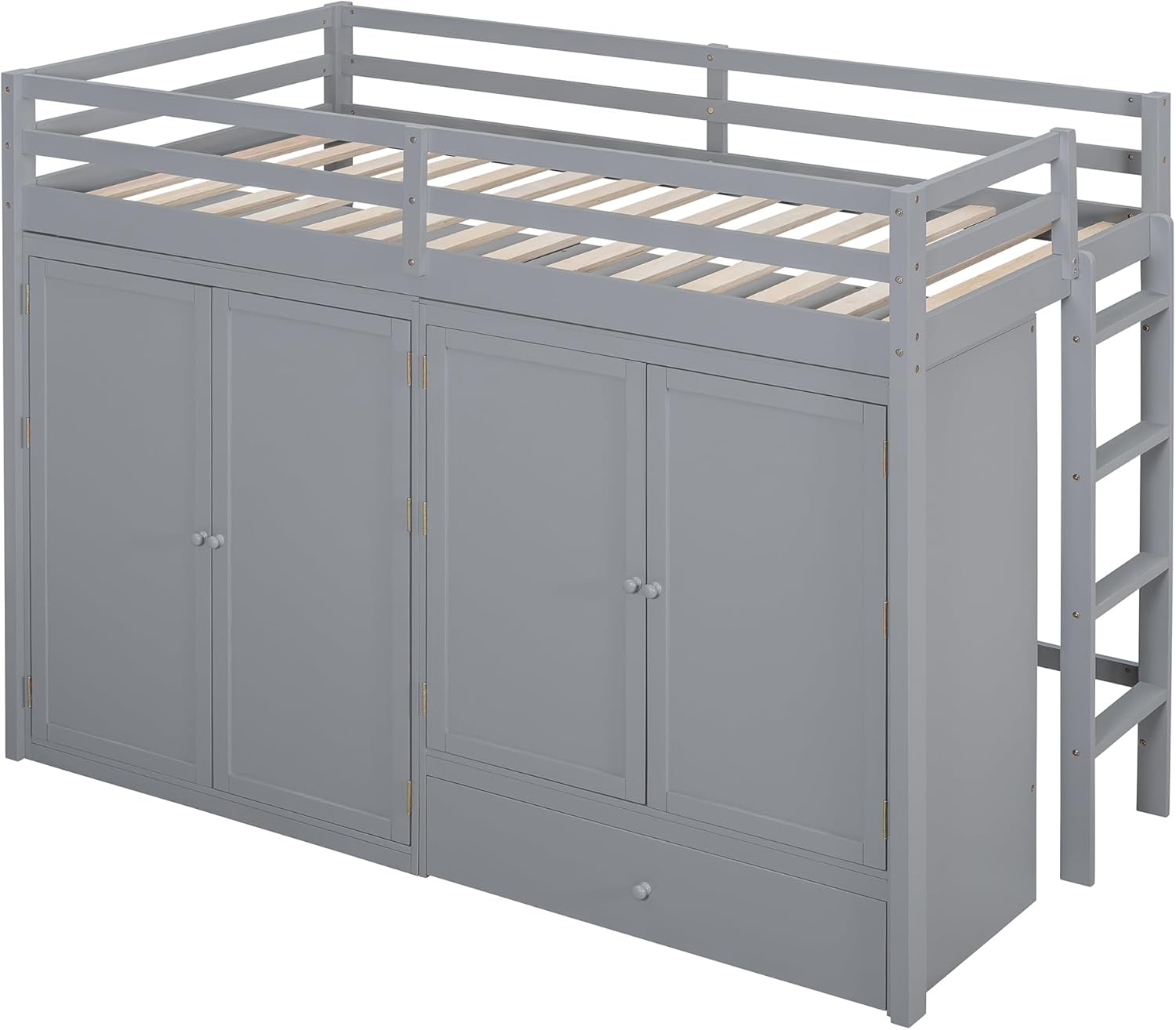 Twin Size Loft Bed with Storage Drawer and Two Wardrobes, Wood Low Loftbed with Ladder & Mirror, for Kids Teens Adults Bedroom, Gray