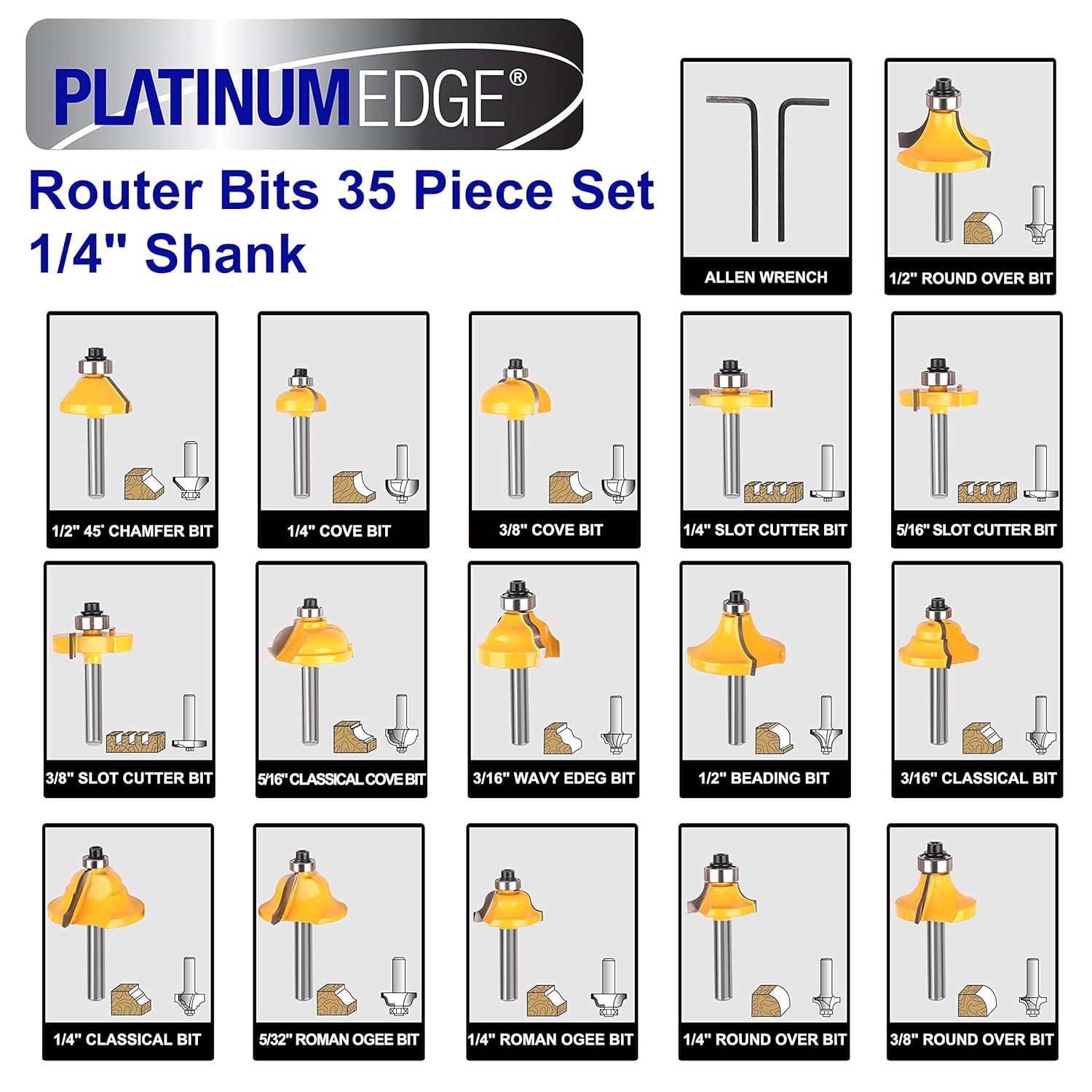 Platinumedge Router Bits Set, Tungsten Carbide Router Bits Set 1/4 Shank, Router Bit Kit for DIY, Woodworking Project, 35 Piece Set with Premium Aluminum Carry Storage Case Pack of 2