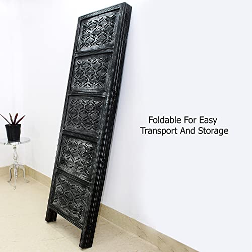 Room Divider Wood Screen - Ghanti Bells Antique Brown - 4 Panel Folding 72 x 80 - Assembled Hand Carved Decorative Functional Versatile Portable Partition Reversible Privacy Boho - COTTON CRAFT