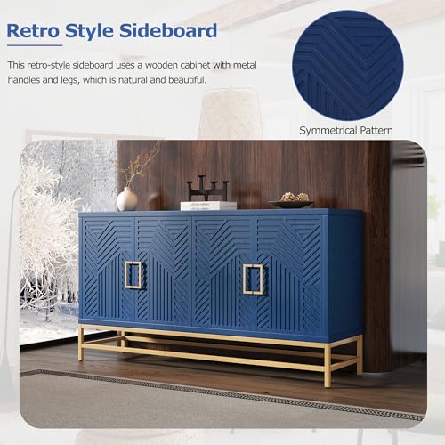 59.8" Retro Style Accent Storage Cabinet with 4 Doors and Rectangular Metal Handles and Legs, Wooden Buffet Sideboard Adjustable Shelves for Kitchen, Living Room and Dining Room (Navy)