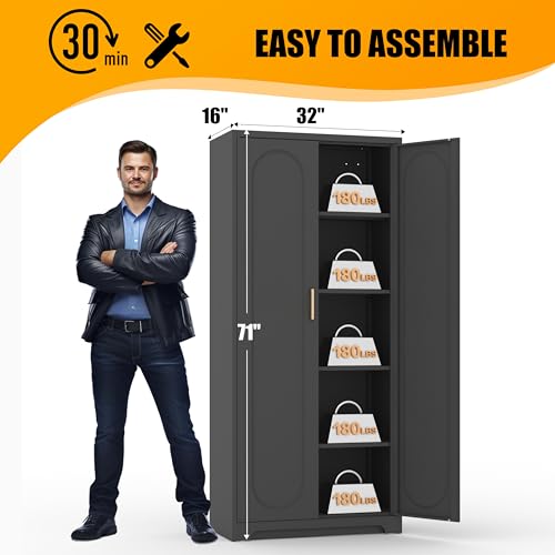 71" Tall Metal Storage Cabinet, Kitchen Pantry Storage Cabinets with Doors and 4 Shelves, White Pantry Cabinet, Utility Kitchen Cupboard, Large Steel Cabinets for Dining Room, Office, Living Room