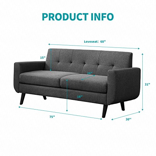 BALUS 68" W Sofa Couch, Upholstered Loveseat Sofa, Mid Century Modern Couch Button Tufted 2 Seater Love Seat Sofa for Living Room/Bedroom/Apartment/Small Space, Easy Assembly