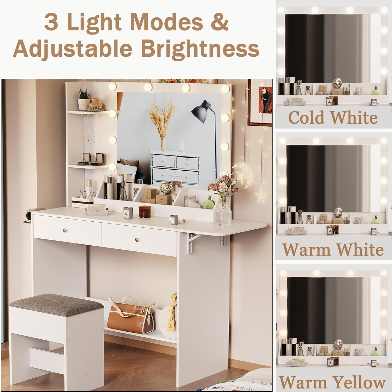 Makeup Vanity Desk with Lights and Charging Station, Small Vanity Desk Set, Makeup Table with 2 Large Drawers & Cushioned Stool, 4 Hooks, for Bedroom, White