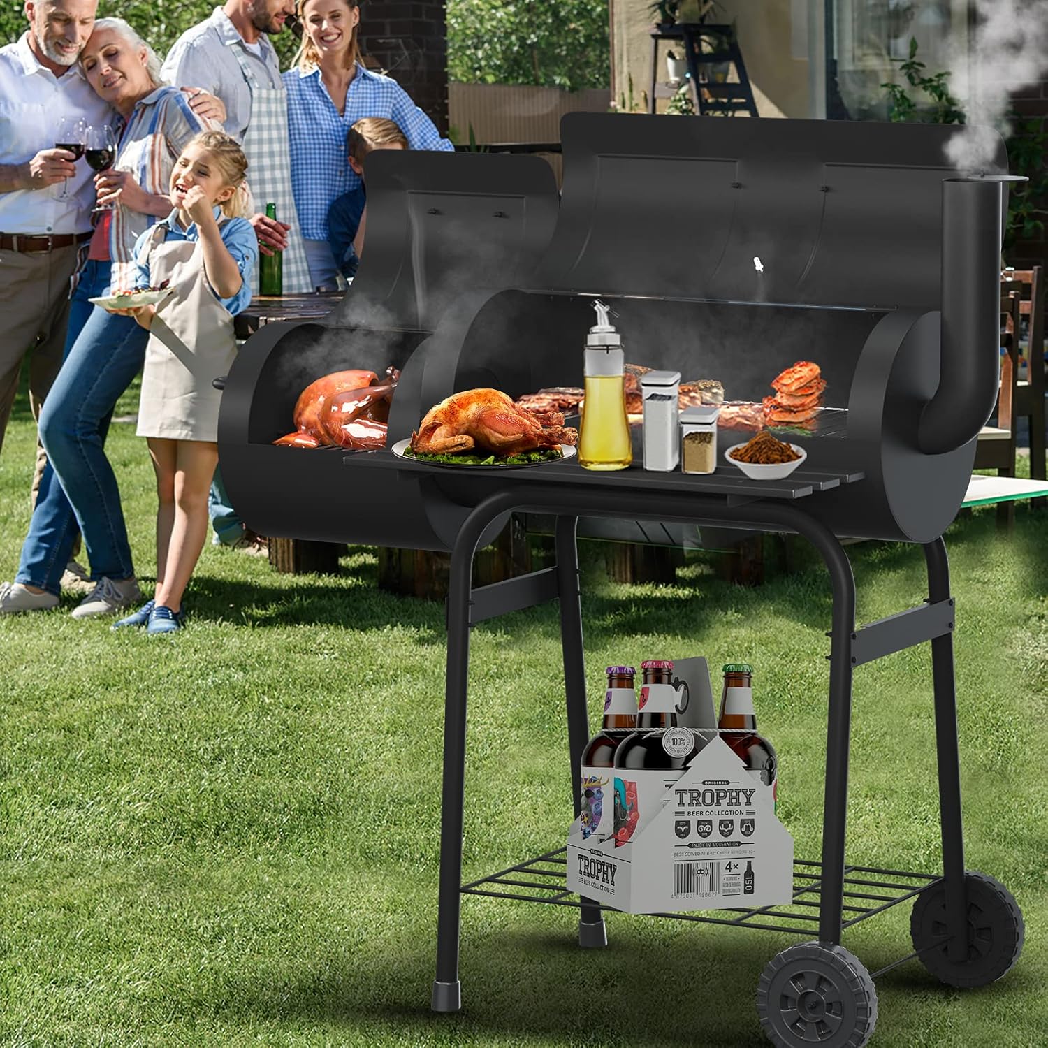 Panfrying Charcoal Grills Offset Smoker,Combo with Large Cooking Area,Black,for Outdoor Patio and Backyard BBQ Grill