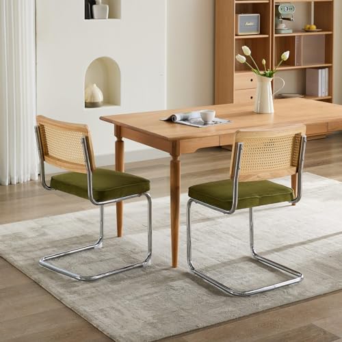 Mid-Century Modern Velvet Accent Dining Chairs Set of 2 - Natural Cane Rattan Back with Stainless Chrome Cantilever Base, Upholstered for Ultimate Comfort in Your Kitchen or Dining Room (Olive Green)
