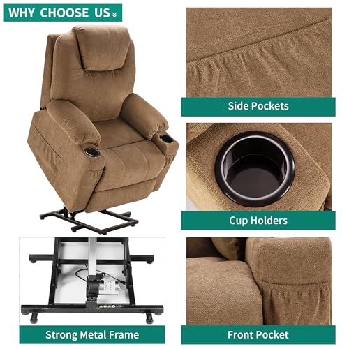 YITAHOME Power Lift Recliner Chair for Elderly, Electric Lift Chair with Heat and Massage, Fabric Recliner Sofa with 2 Cup Holders, Side Pockets & Remote Control for Living Room (Light Brown)