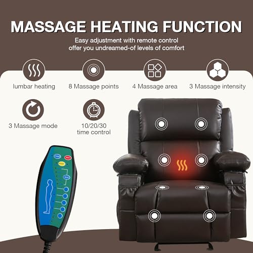 Leather Rocker Recliner Chair - Heated Recliner Chair with Massage Manual Recliner Chair Small Recliner Chairs for Adults Rocking Chair with Footrest Rocking Recliner Chair for Nursery (Brown)