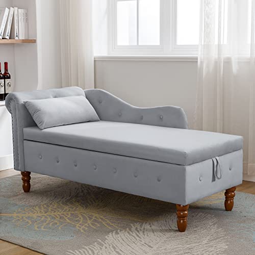 58" Modern Velvet Chaise Lounge Indoor,Upholstered Lounge Chair with Storage & Pillow, Rolled Arm Lounge Sofa for Living Room Bedroom Office (Gray)
