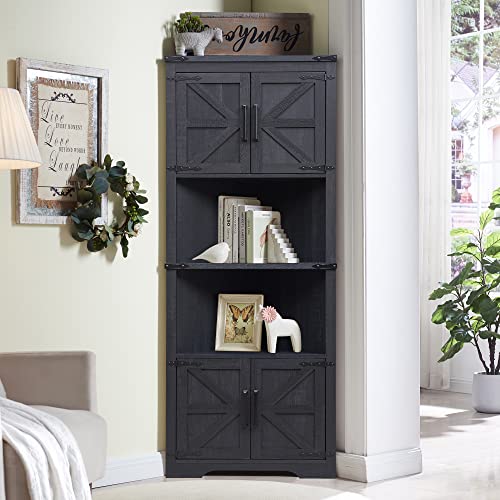 JXQTLINGMU Farmhouse Corner Cabinet, Tall Corner Bathroom Storage Cabinet with Barn Door Design & Adjustable Shelves, for Laundry Room, Living Room, kitchen,(Black)