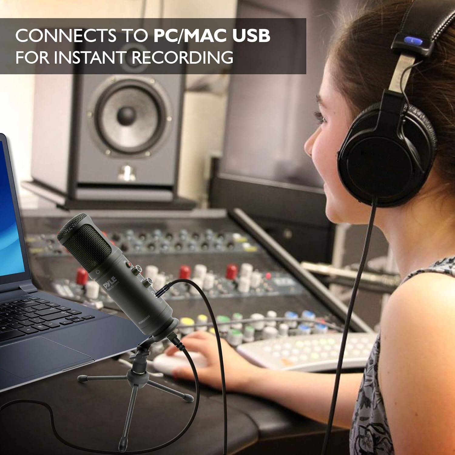 USB PC Recording Condenser Microphone - Blue LED, Adjustable Gain, Headphone Jack, Mute Control, Tripod Stand - Portable Pro Audio Condenser Desk Mic for Podcast Streaming Gaming - Pyle PDMIUSB50 Pack of 2