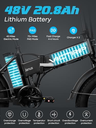 Electric Bike for Adults, 20.8Ah Removable Battery, Folding E-Bike with 750W Motor, 75+Miles Long Range, 4-6Hours Fast Charging, 7 Speed 20 x 4.0 Fat Tire Electric Horn, Class 2 Ebike