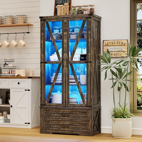 Farmhouse Storage Cabinet 68" Tall, Large Wood Kitchen Pantry Cabinet with Drawers & Shelves, LED Display Cabinet Bookcase for Living Room/Bedroom/Office, Antique White