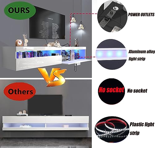 Floating TV Stand, 71" Floating entertainment center wall mounted,Floating Wall Mounted TV Shelf with Led Lights and Power Outlet,Modern High Gloss tv Cabinet Media Console with Storage