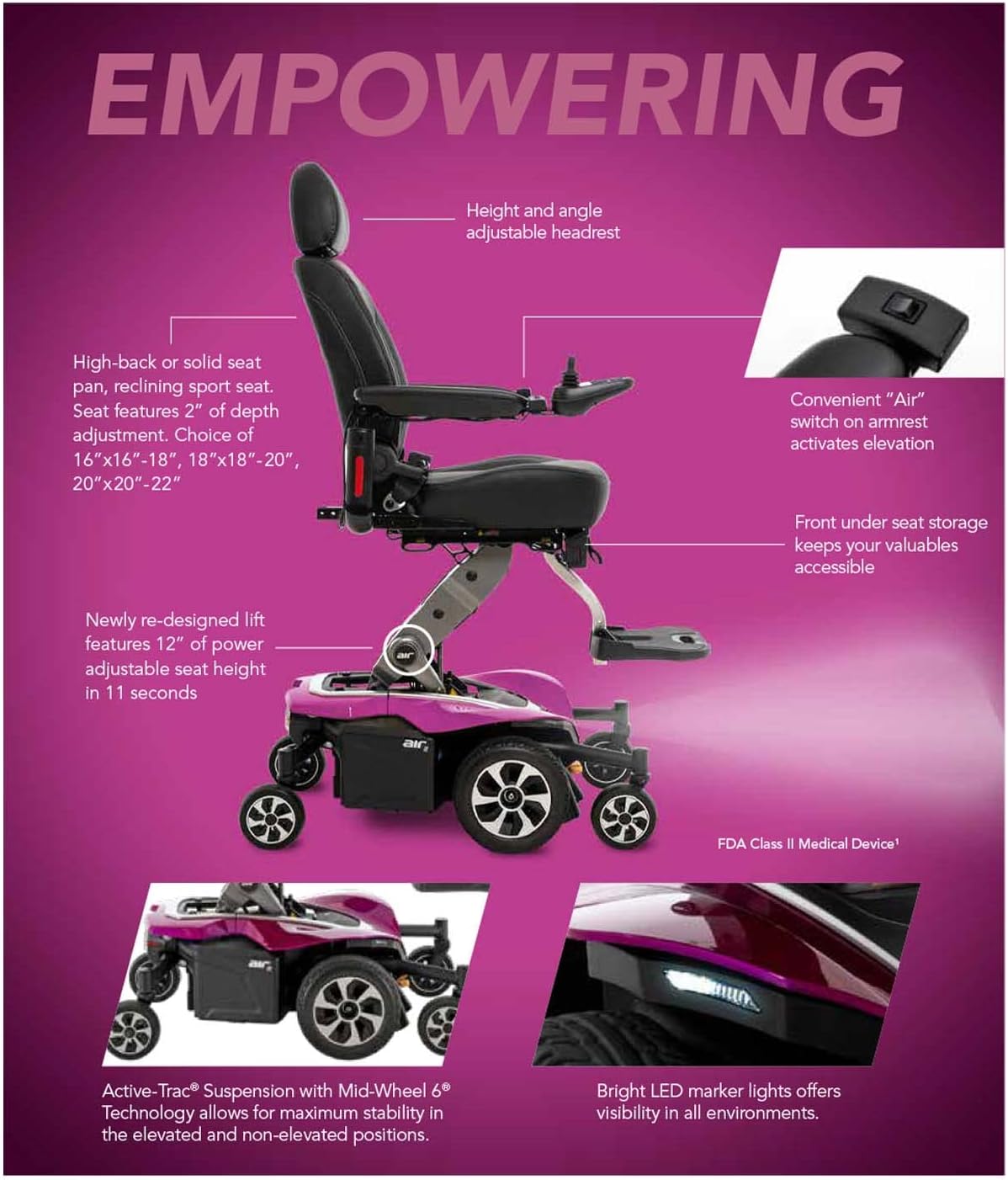 Pride Mobility Jazzy Air 2 Group 2 Power Chair with U-1 Batteries, Mid Wheel Drive, Motorized Electric Wheelchair for Adults, 300 lbs. WC, Up to 4 MPH, 16.8 Miles Range Per Charge