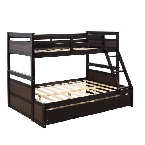 Twin Over Full Bunk Bed with Ladder, Solid Wood Bunk Beds Twin Over Full Size with Guardrail, Twin Over Full Bunk Bed Frame, Can Be Separated Into Twin/Full Size Bed, No Box Spring Needed (Gray)