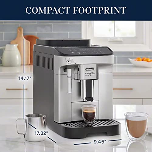 De'Longhi Magnifica Evo with LatteCrema System, Fully Automatic Machine Bean to Cup Espresso Cappuccino and Iced Coffee Maker, Colored Touch Display, Black, Silver