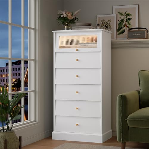 finetones 6 Drawer Dresser Black Dresser, 48.7'' Tall Black Dresser Chest of Drawers, Black and Gold Dresser with Glass Drawer, Gold Dresser Modern Dresser for Home Office
