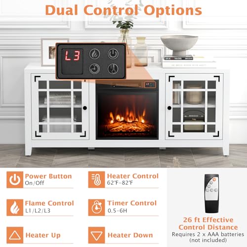 GOFLAME 58" Fireplace TV Stand for TVs up to 65 Inches, Wooden TV Console with 18” Electric Fireplace Insert, Fireplace TV Cabinet, Entertainment Center with Remote Control, Adjustable Shelves, White