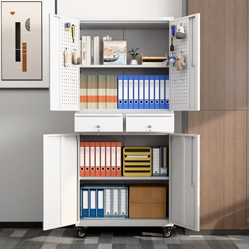73" H Metal Storage Cabinet with Wheels, Garage Storage Cabinet with 4 Adjustable Shelves and Lockable Doors for Garage Home Office Utility Room,Required Assembly,Black