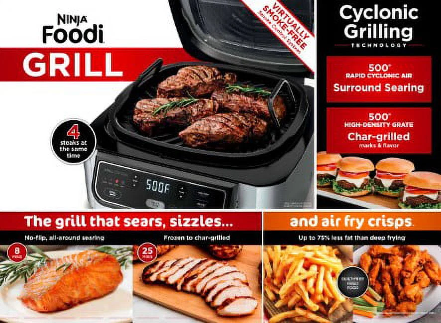 Ninja Foodi 4-in-1 Indoor Grill with 4-qt Air Fryer, Roast, Bake, and Cyclonic Grilling Technology, Black/Stainless AG300