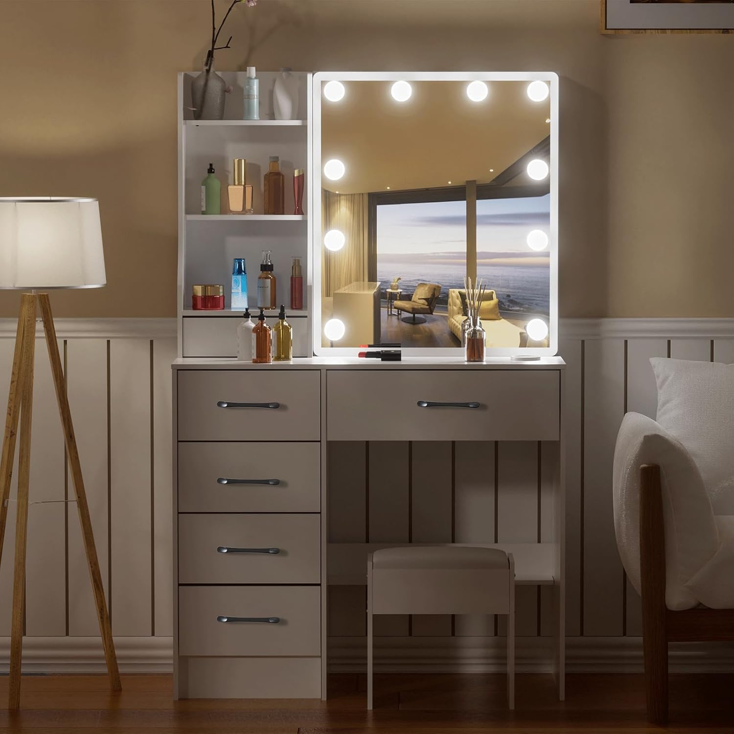Makeup Vanity Set with 6 Drawers and Lighted Mirror, Multifunctional Table Vanity with 6 Cabinets and Brightness Adjustable, Dressing Cosmetic Desk with Chair for Girls