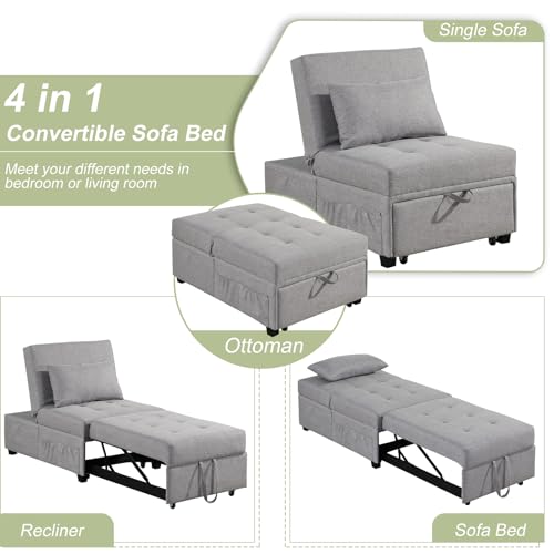 Sofa Bed Chair, 4 in 1 Convertible Sleeper Chair Bed Ottoman, Linen Fabric Pull Out Sofa Bed with Adjustable Backrest & Pillow, Single Recliner Chair for Small Space, Living Room