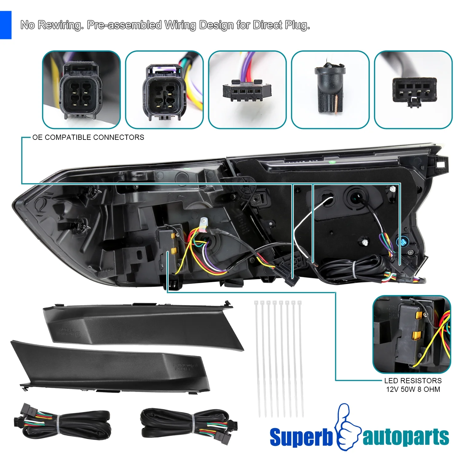 Spec D Tuning  Sedan LED Tail Lights with White Sequential Signal-Breathing Light Effect Glossy Black Housing & Smoked Lens for 2018-2022 Honda Accord
