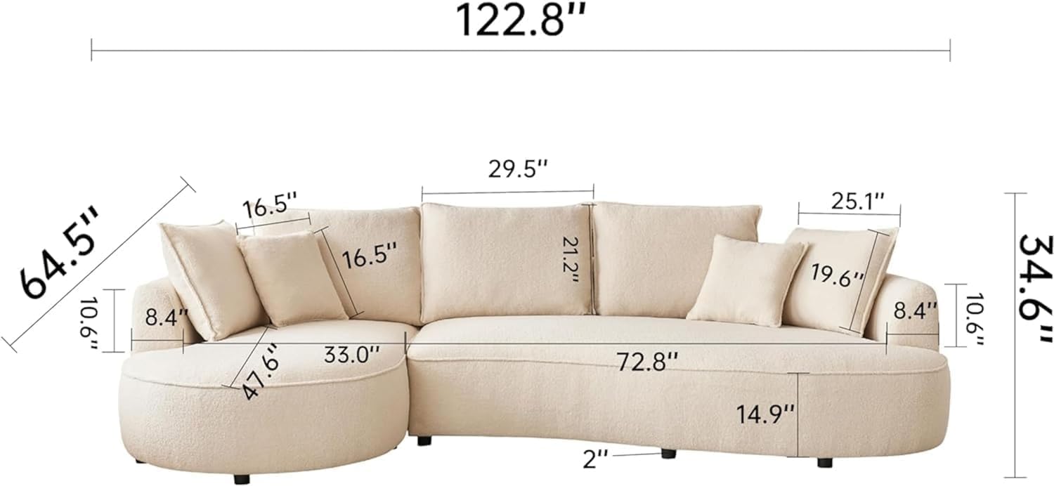 JUSTONE122.8 Curved Sofa Modern Curved Couch Living Room Modular Sectional Sofa, Mid Century Upholstered Couch Boucle Fabric Sofa for Bedroom Apartment Left Hand Facing(Beige)