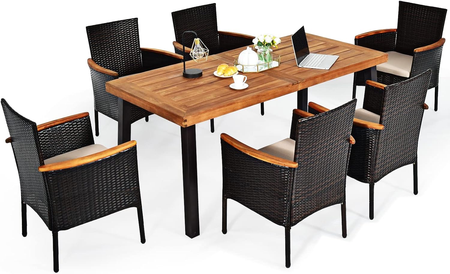 Tangkula 7 Pieces Patio Dining Set, Patiojoy Outdoor Conversation Set w/Acacia Wood Top Table & 6 Stackable Rattan Chairs, Wicker Dining Furniture w/Umbrella Hole, Steel Frame, Sponge Seat Cushions