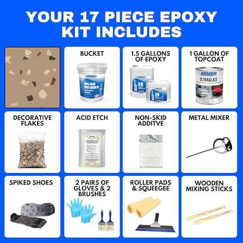Garage Epoxy Floor Kit – 100% Solids - 2 Part Industrial-Grade Coating w/UltraGlaze Topcoat | DIY Slip & Hot Tire Resistant | 300 Sq Ft - Blue - 17 pc kit