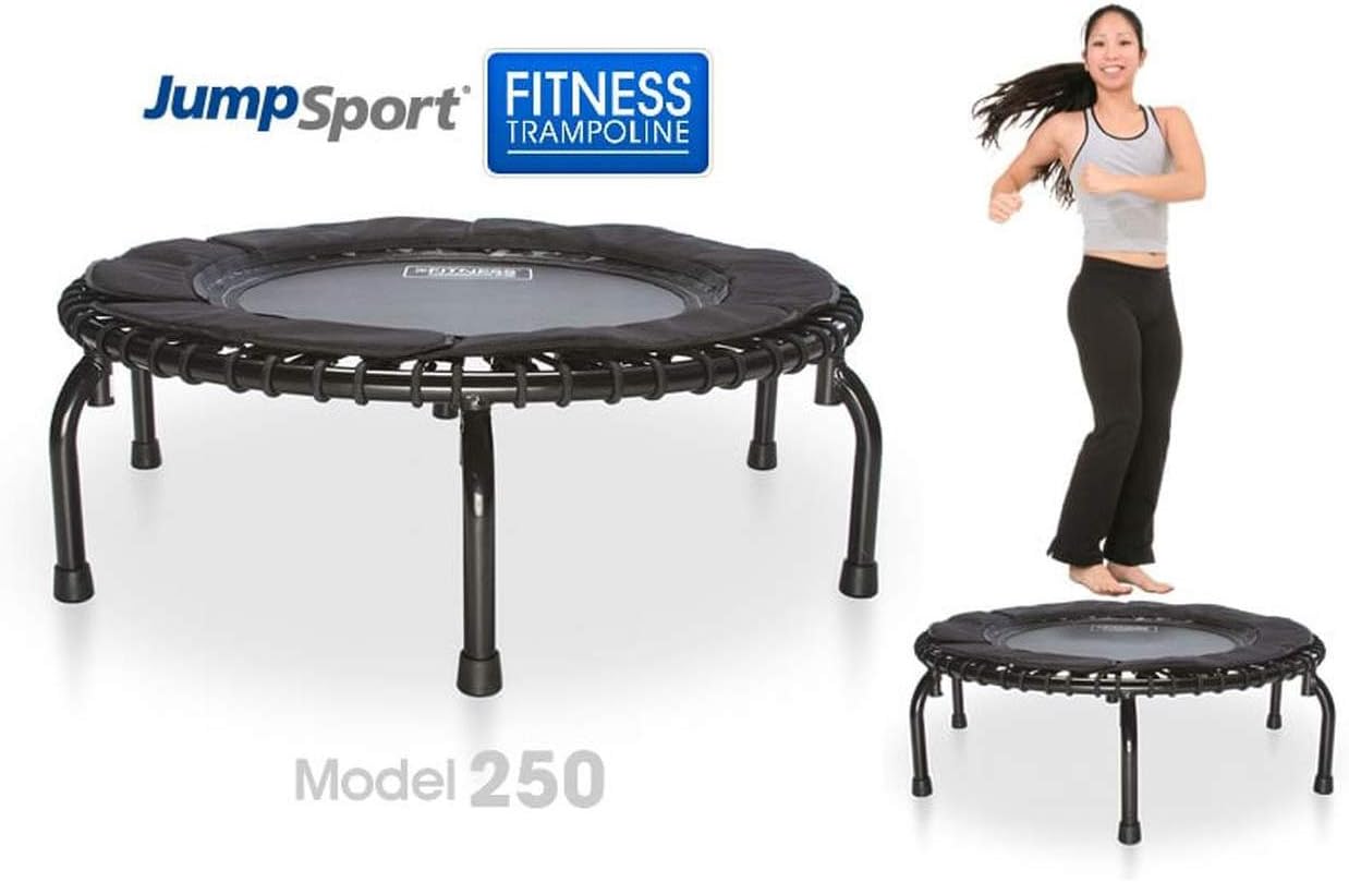 JumpSport 250 Indoor Home Cardio Fitness Rebounder Durable Bounce Exercise Mini Trampoline with Handle Bar Accessory, Premium Bungees, and Workout DVD