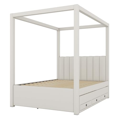 Twin Size 4 Poster Bed Canopy Bed with Upholstery Headboard, Built-in Trundle and 3 Drawers, for Kids Teens Adults, Beige