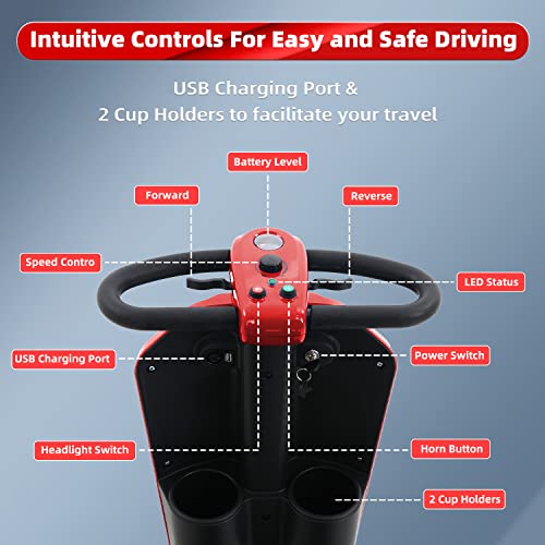 Outdoor Compact Mobility Scooter for Seniors, Foldable Electric Powered Mobile Wheelchair with Powerful USB Port & Two Cup Holder 300 LBS Max Weight, Collapsible & Compact for Travel with Family, Red