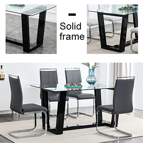 51" Modern Glass Table with Rectangular Tempered Tabletop,Dinner Desk Set for 4-6 People W/Black Coated Plating Metal Legs,for Home,Kitchen,Dining Room,Office, Clear Finish